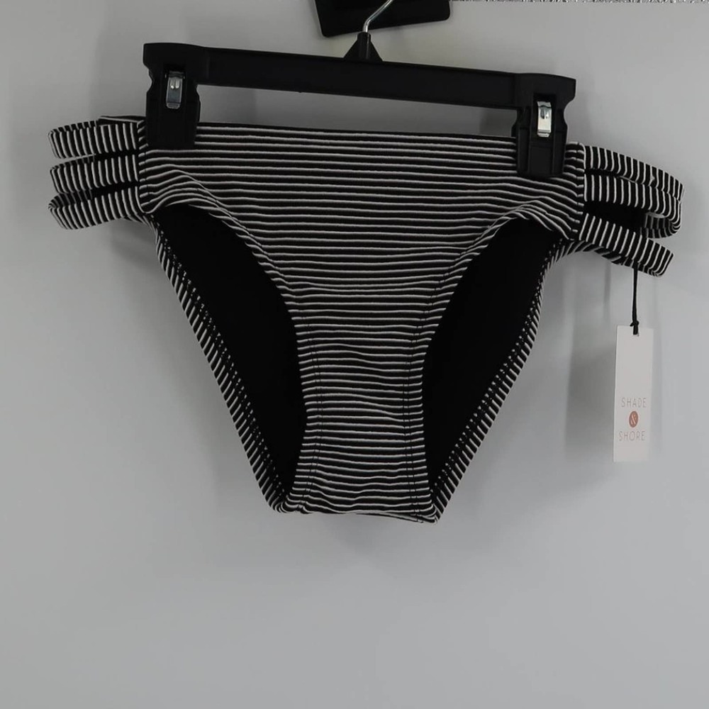 Shade & Shore Women's Black White Striped Bikini Bottom Medium Coverage Hipster